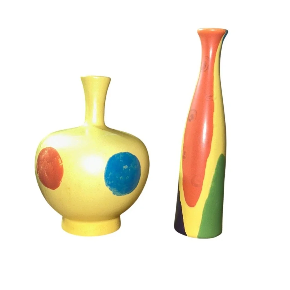 Hand Painted Ceramic Art Vases Set of‎ 2 Abstract Polka Dot Color Block Yellow